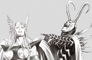Loki pointing and laughing at the female Thor