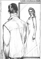 Man looking in mirror with female reflection